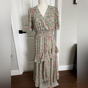 Taylor Sage Green Floral  Maxi Dress with Pink Blooms